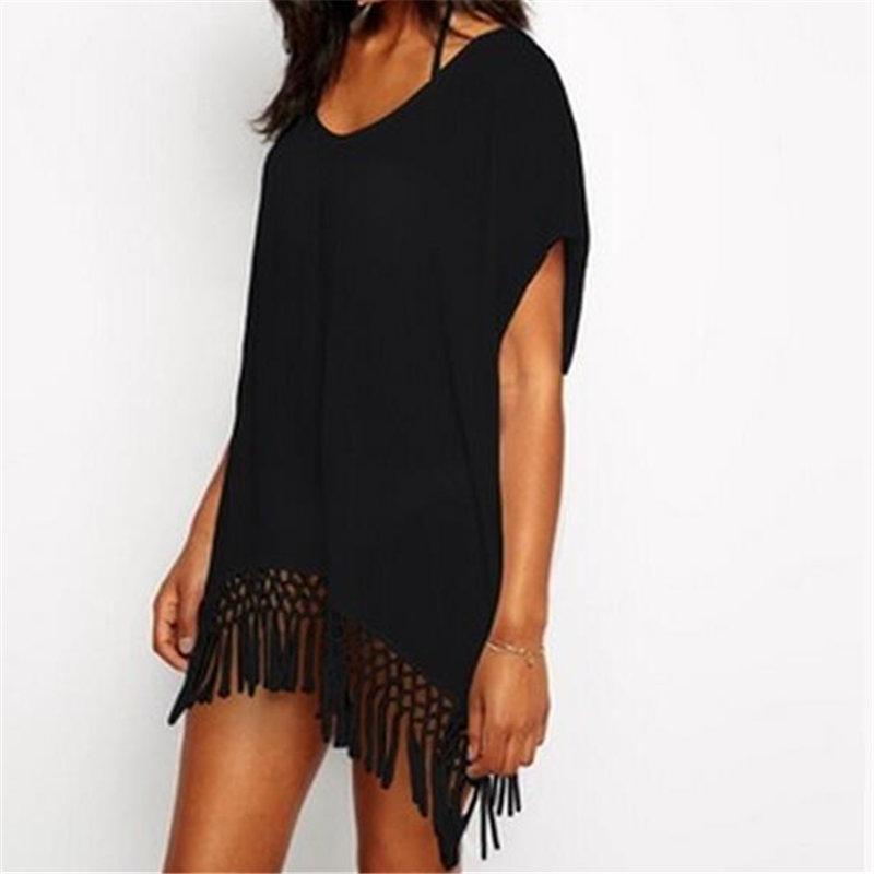 Beach Cover Up White Chiffon Tassel Swimwear Ladies Walk On The Beach Sexy Beach Cover Up Praia Beach Wear Q10