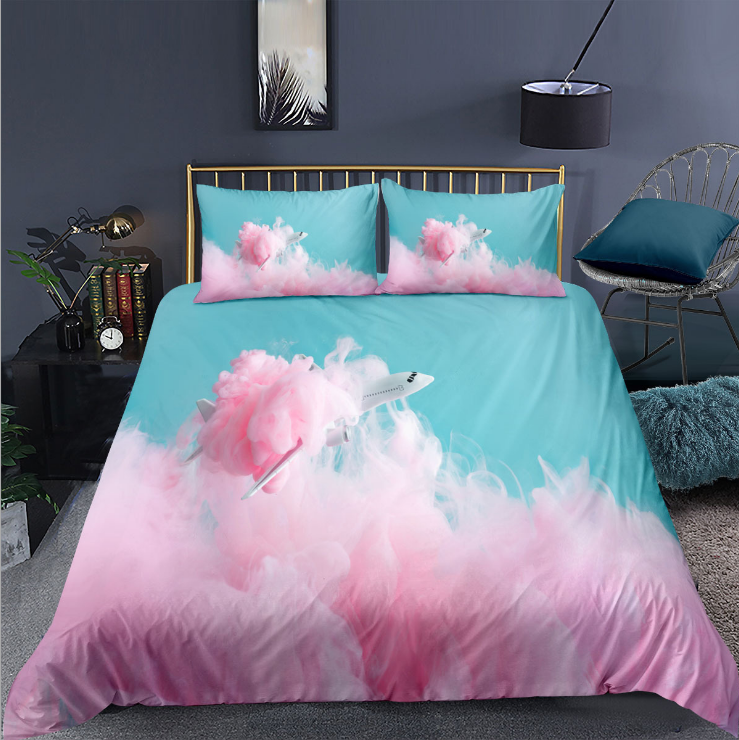 3D pink girl heart white cloud digital printing bedding three piece set