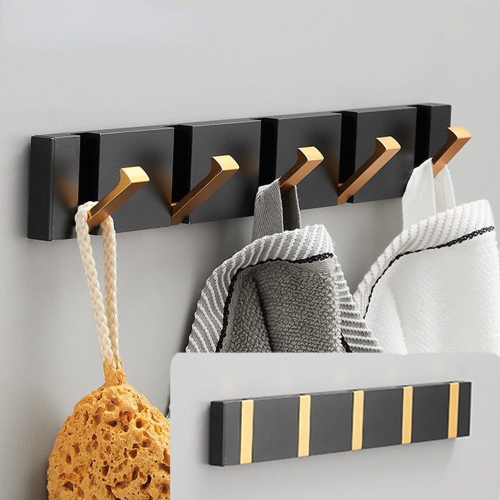 Folding Towel Hanger 2ways Installation Wall Hooks Coat Clothes Holder for Bathroom Kitchen Bedroom Hallway, Black Gold