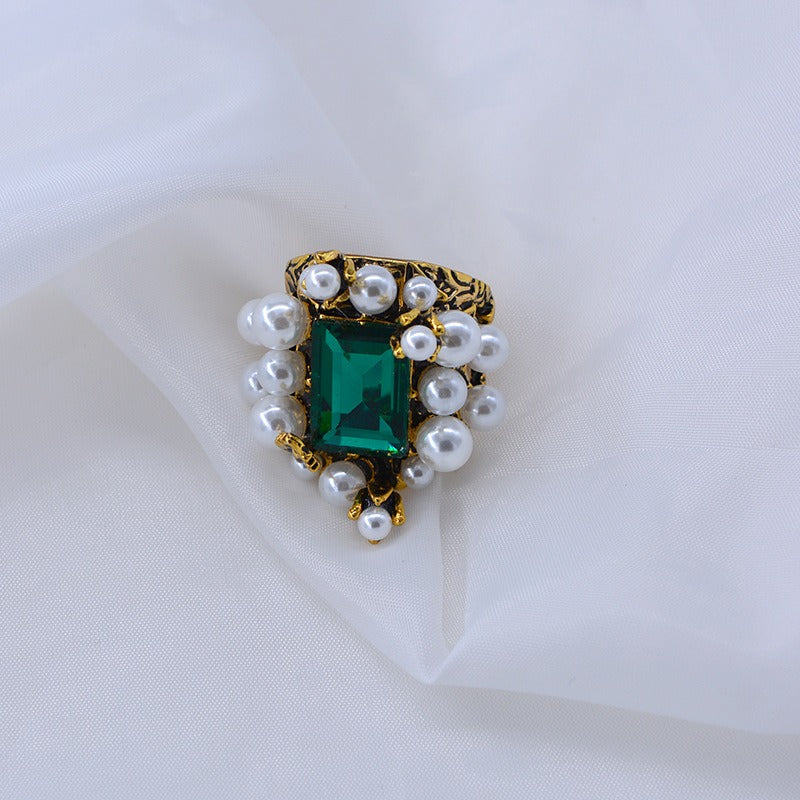 Emerald Gemstone Ring Pearl Ring Personalized Elegant Wide Face Ring