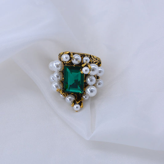 Emerald Gemstone Ring Pearl Ring Personalized Elegant Wide Face Ring