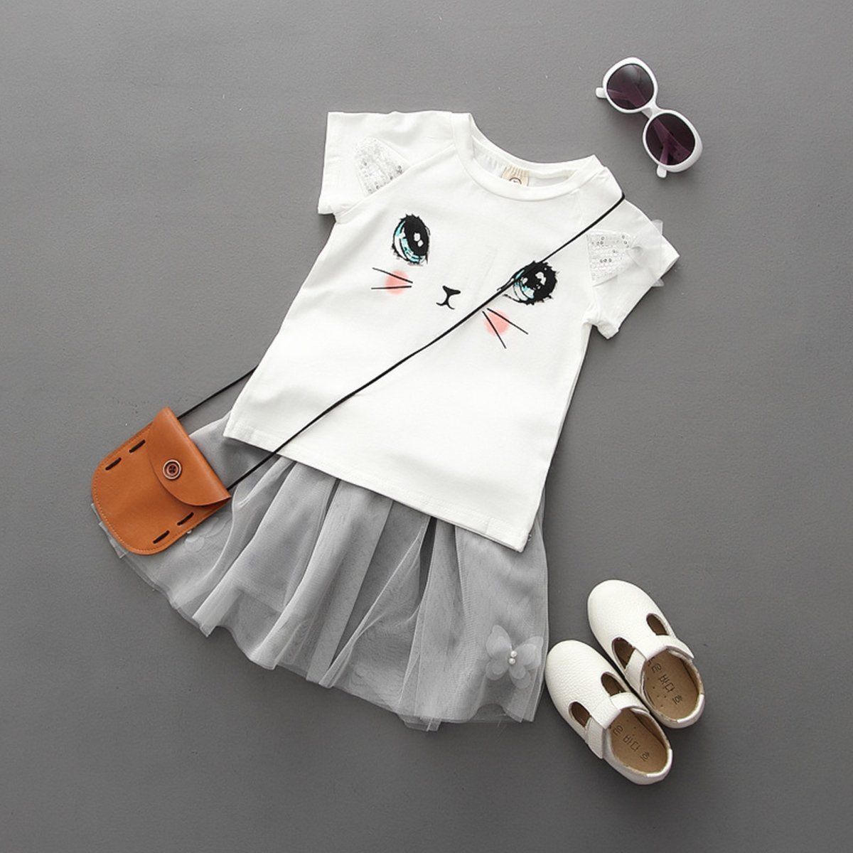 Kids Baby Girls Outfits Clothes Cat Print Short SleeveT-shirt Tops Tutu Dress 2Pcs Set 2-7Y