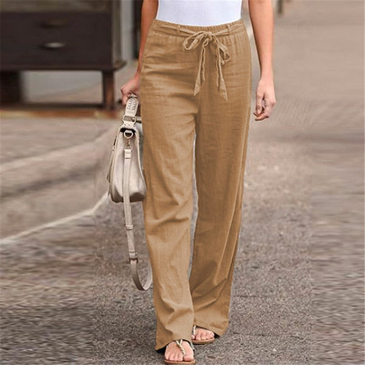 Summer Elastic Waist Solid Cotton Hemp Wide Leg Pants for Women