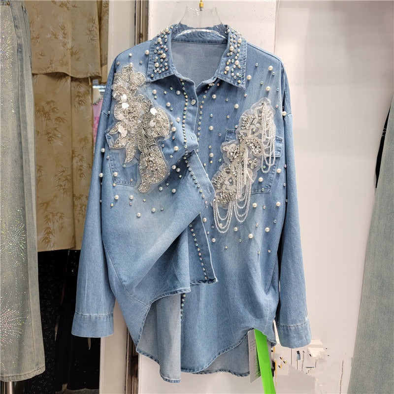 Floral Denim Shirt Women's Loose Slim Mid-Length Lapel Single-breasted Beaded Cardigan