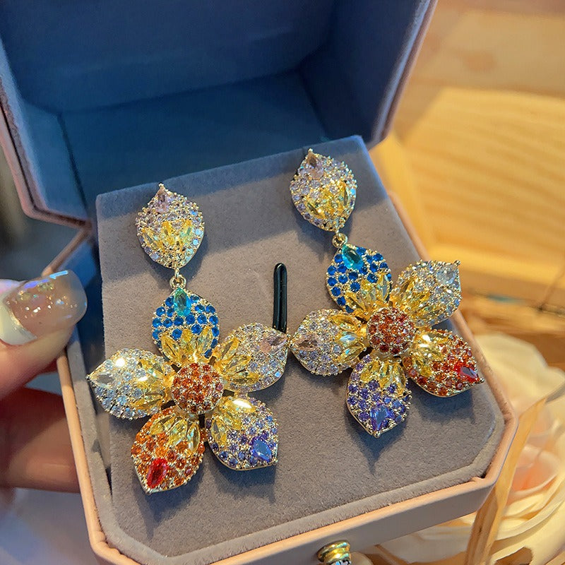 Colorful earrings full of zirconium flowers, European and American exaggerated temperament