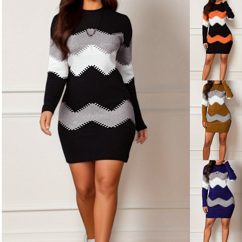 Mid length short skirt round neck long sleeved printed knitted buttock wrap dress