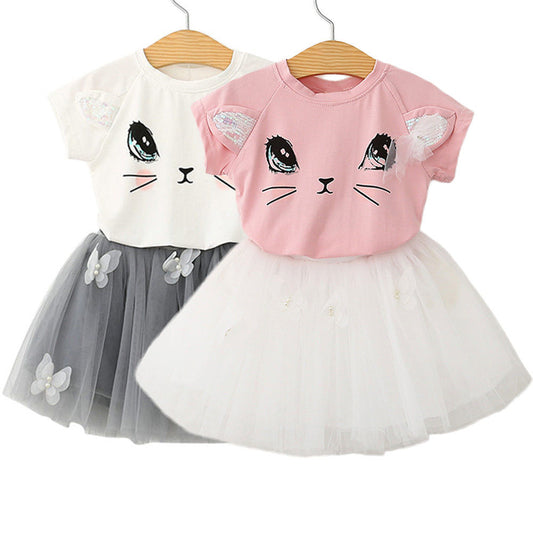 Kids Baby Girls Outfits Clothes Cat Print Short SleeveT-shirt Tops Tutu Dress 2Pcs Set 2-7Y