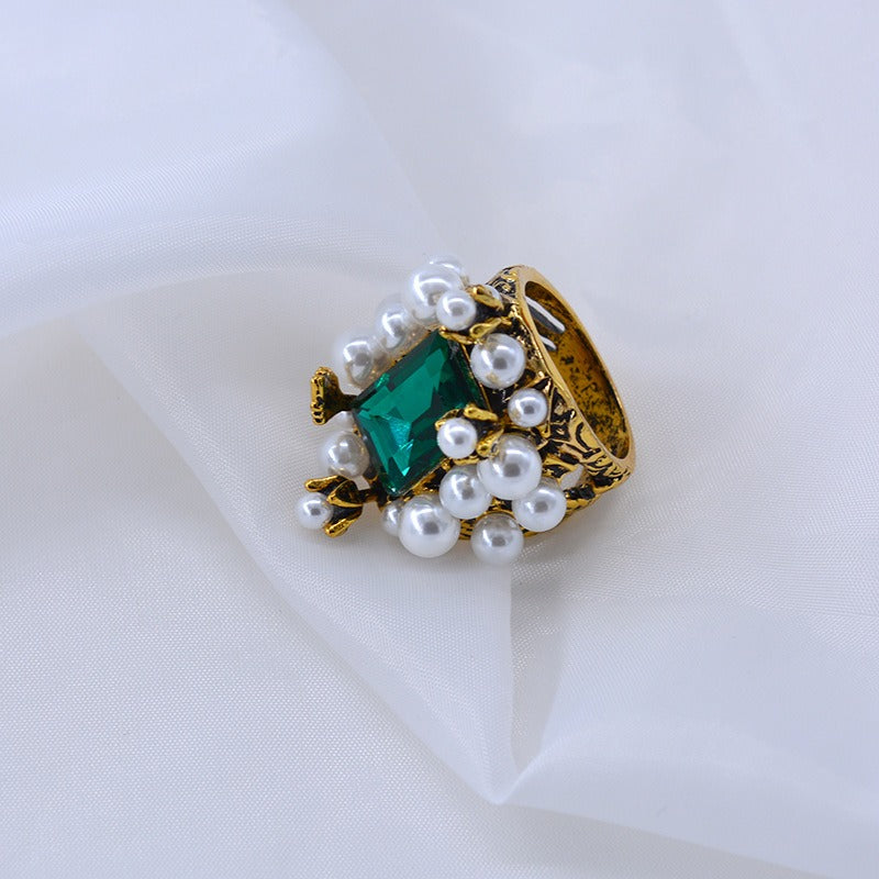 Emerald Gemstone Ring Pearl Ring Personalized Elegant Wide Face Ring