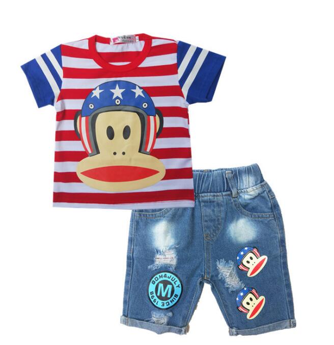 Infant Boys Girls Summer Cartoon Striped T Shirt + Denim Shorts Clothes 2pcs Sets Children Kids Hole Jeans Clothing