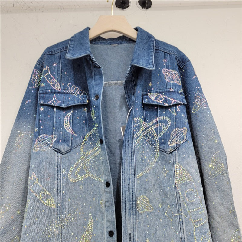 Hot Diamond Shirt Women's Starry Sky Sparkling Denim Jacket Cardigan Spring and Autumn Jacket Mid-Length Slim