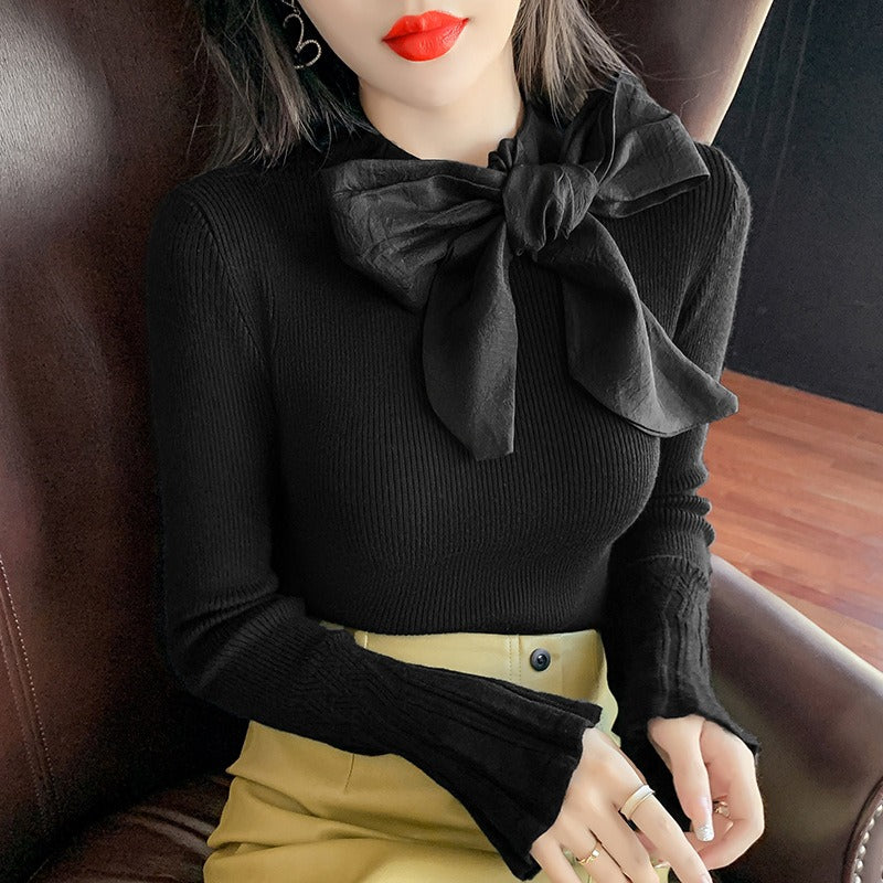 Socialite small fragrant style lace-up large bow decorated sweater for women with intellectual temperament and elegant bell-slee