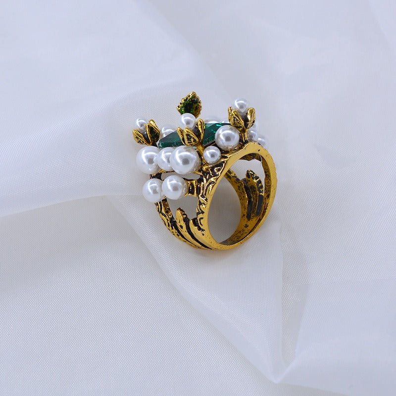 Emerald Gemstone Ring Pearl Ring Personalized Elegant Wide Face Ring