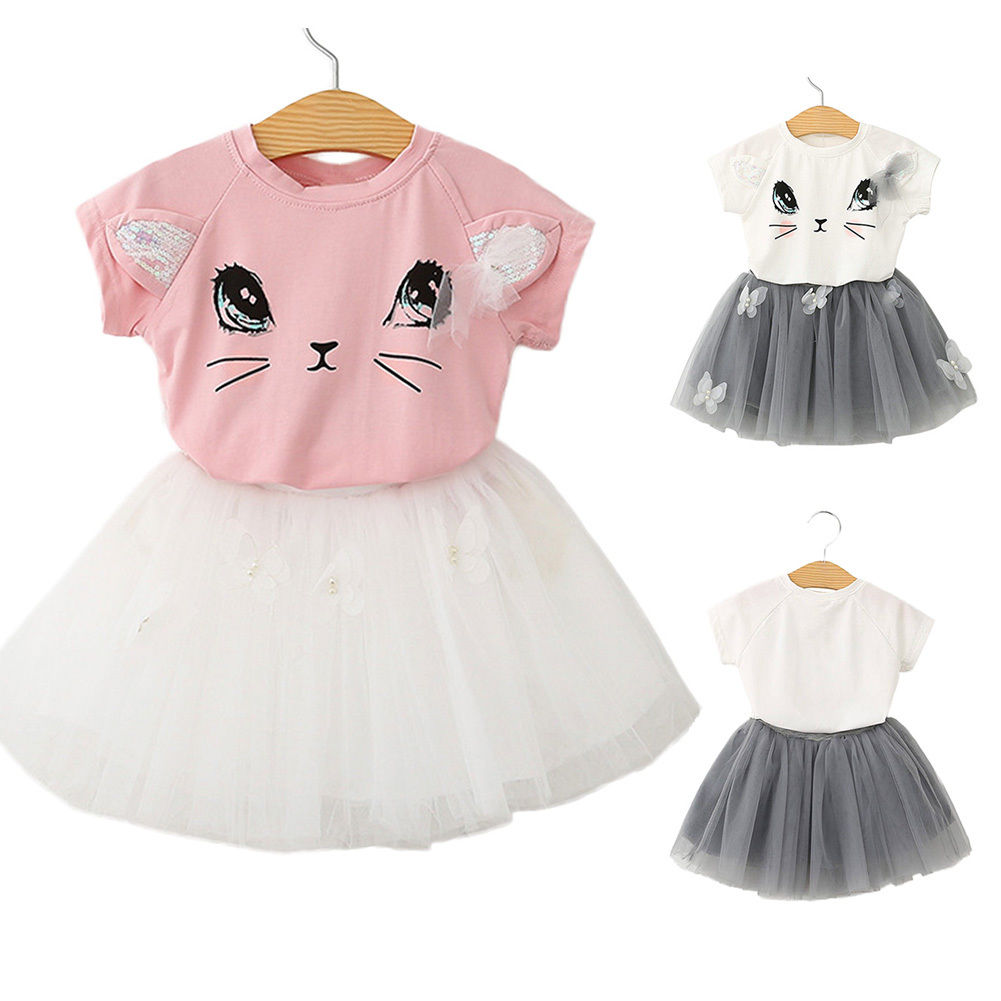 Kids Baby Girls Outfits Clothes Cat Print Short SleeveT-shirt Tops Tutu Dress 2Pcs Set 2-7Y