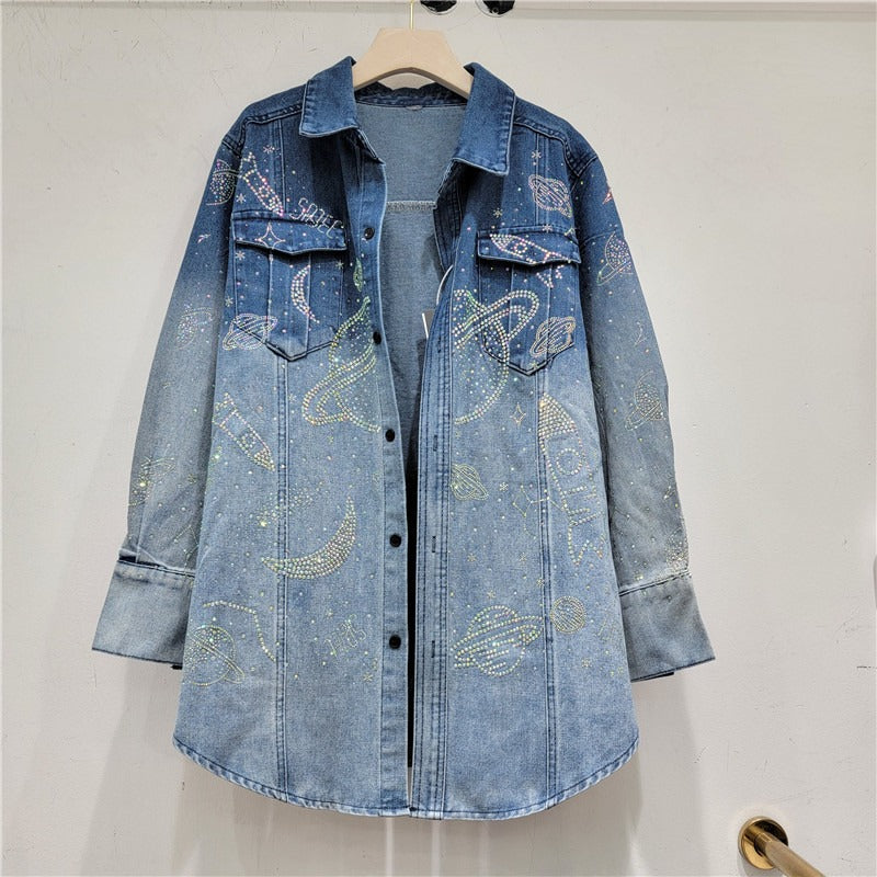 Hot Diamond Shirt Women's Starry Sky Sparkling Denim Jacket Cardigan Spring and Autumn Jacket Mid-Length Slim