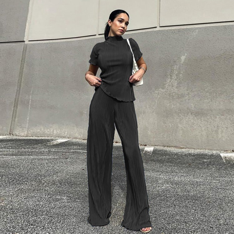 High waisted blue pleated mop pants casual women's fashion set