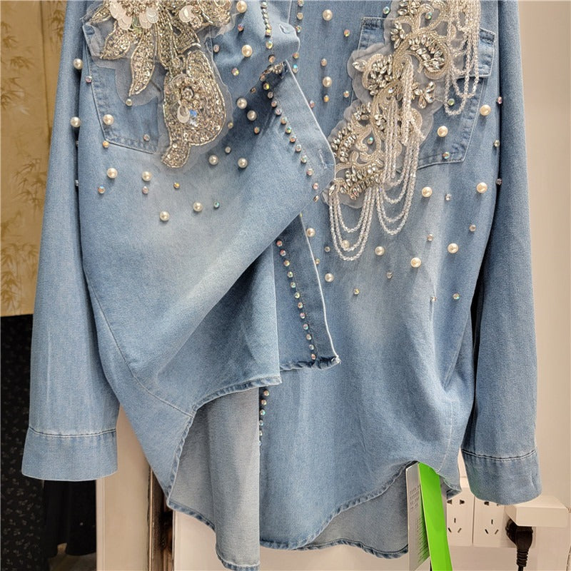 Floral Denim Shirt Women's Loose Slim Mid-Length Lapel Single-breasted Beaded Cardigan