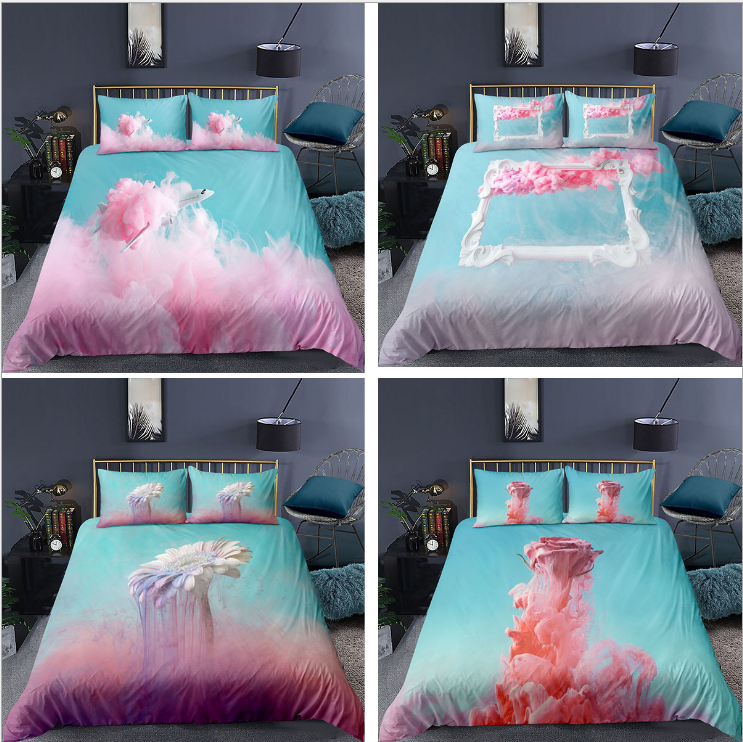 3D pink girl heart white cloud digital printing bedding three piece set