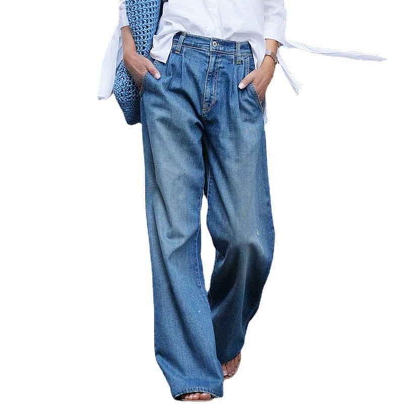 Retro jeans, women's new high waisted slimming wide leg pants, loose floor mop pants, denim pants