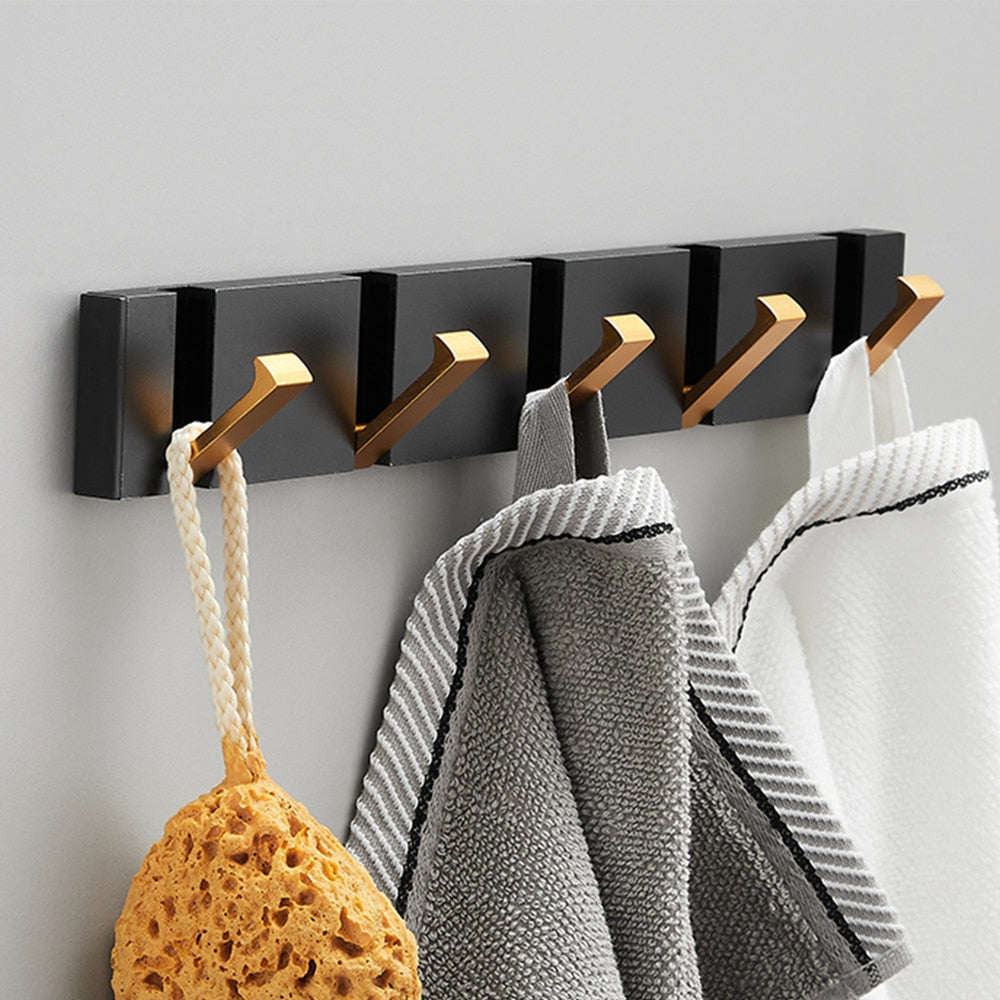 Folding Towel Hanger 2ways Installation Wall Hooks Coat Clothes Holder for Bathroom Kitchen Bedroom Hallway, Black Gold