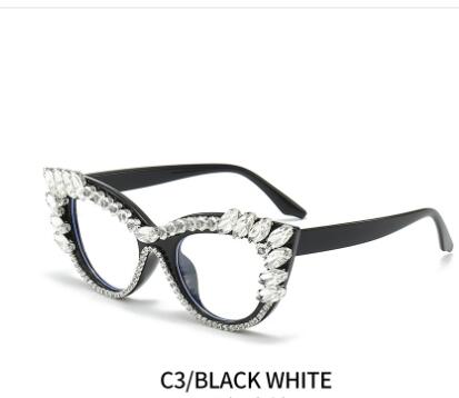 Cat-eye diamond-encrusted anti-blue light flat glasses