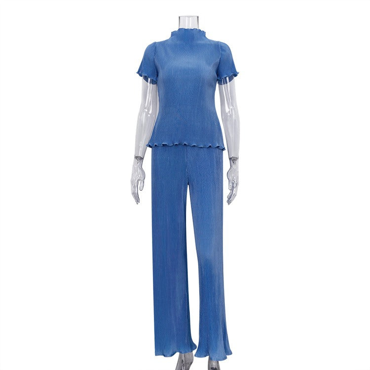 High waisted blue pleated mop pants casual women's fashion set