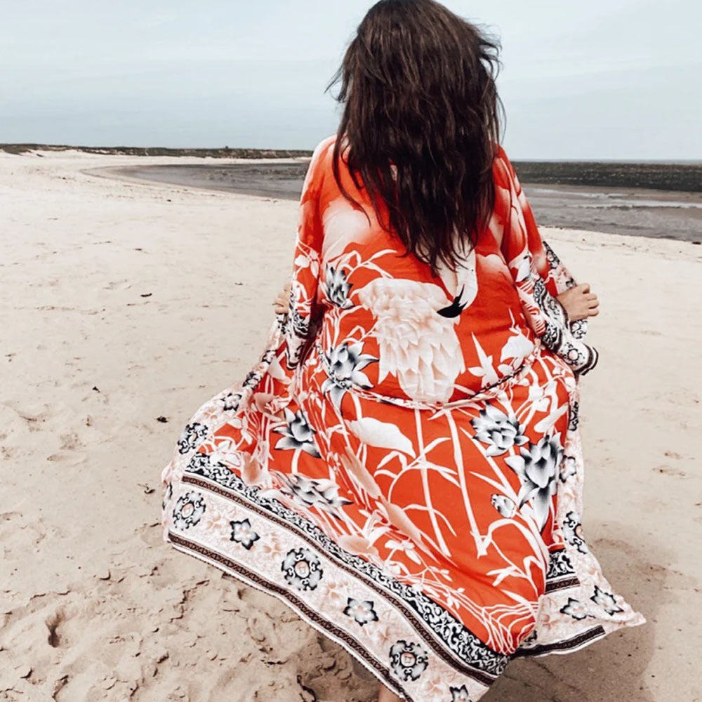 Beach Blouse Quick Dry Crane Flower Holiday Kimono Cardigan Beach Sun Protection Shirt Bikini Robe