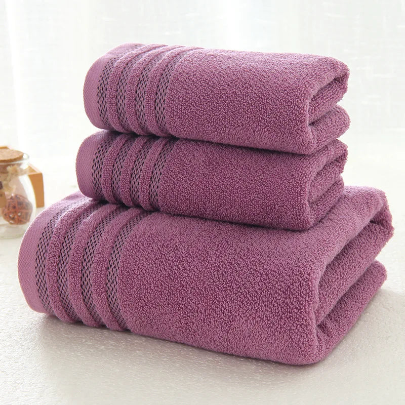 New Stripe Cotton Towel Bath Towel of Three Sets Solid Color Thicken Bathroom Towels Set