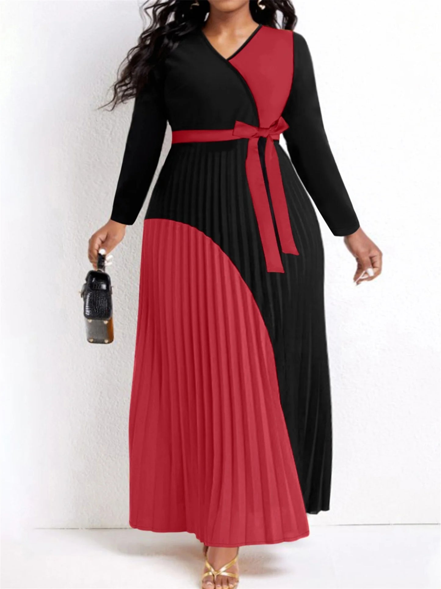 LW Elegant Fall Maxi Dresses Bandage Design Tiered Pleated A Line Dress Belted Long Sleeve V Neck Flowy Patchwork Vestidos