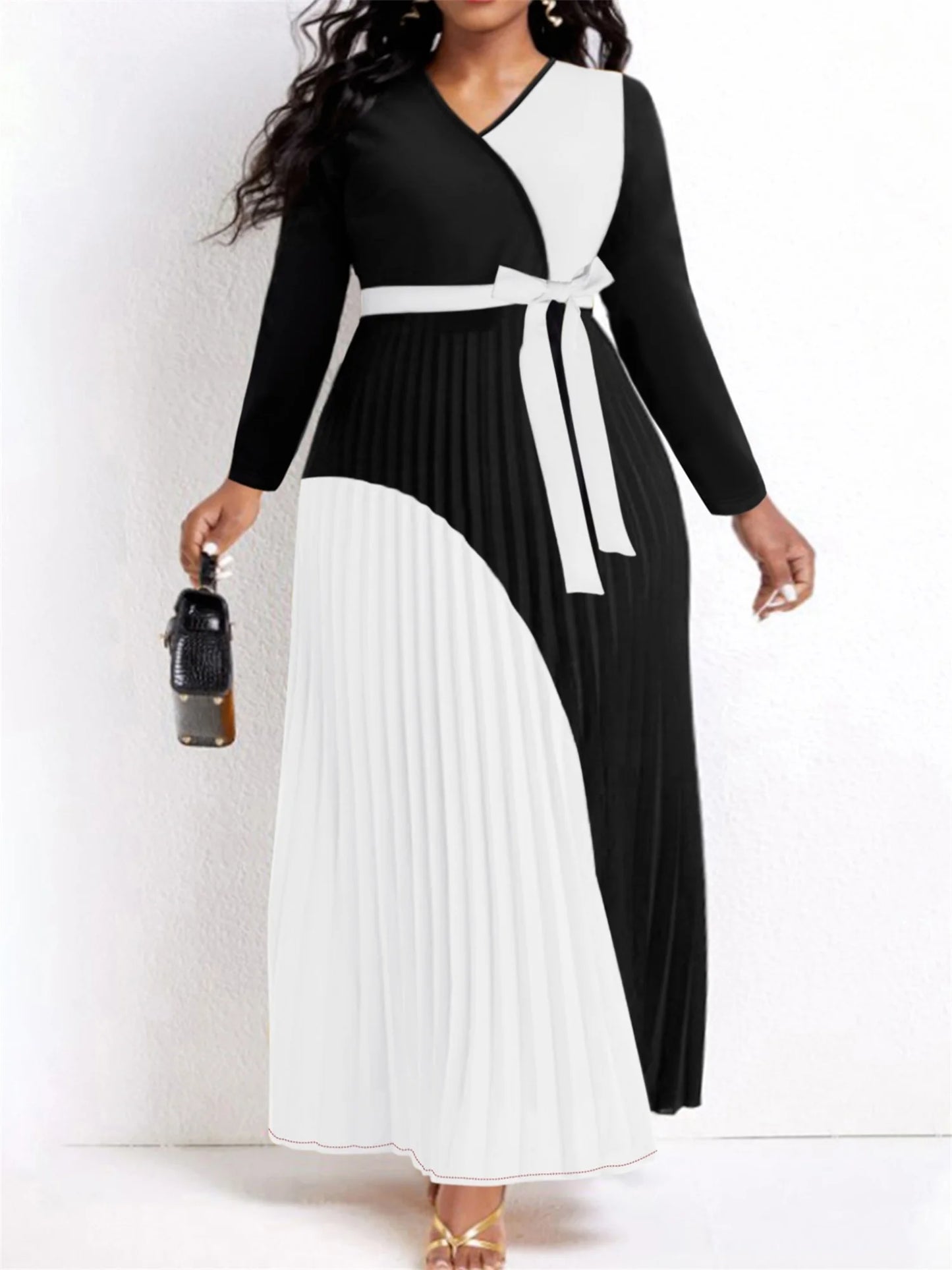 LW Elegant Fall Maxi Dresses Bandage Design Tiered Pleated A Line Dress Belted Long Sleeve V Neck Flowy Patchwork Vestidos