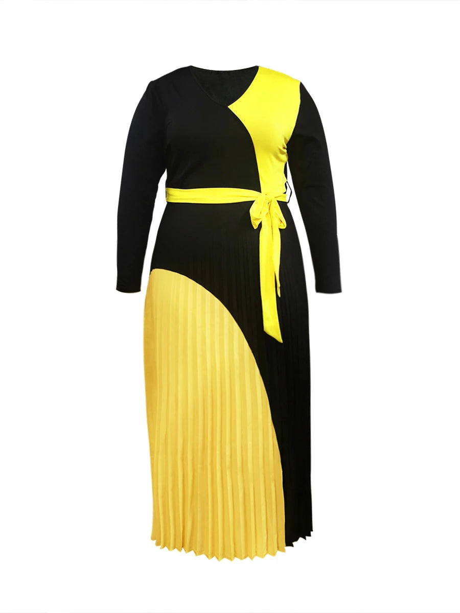 LW Elegant Fall Maxi Dresses Bandage Design Tiered Pleated A Line Dress Belted Long Sleeve V Neck Flowy Patchwork Vestidos