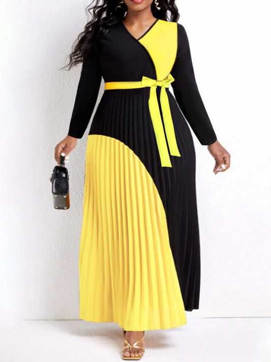 LW Elegant Fall Maxi Dresses Bandage Design Tiered Pleated A Line Dress Belted Long Sleeve V Neck Flowy Patchwork Vestidos